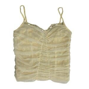 En Vogue Beaded Ruched Cami ✨ Light Yellow Sheer Mesh Spaghetti Straps • Size S